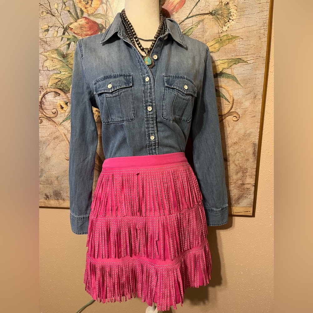 NWT Sz L Main Strip Hot Pink Silver Studded Fringe Mini Skirt